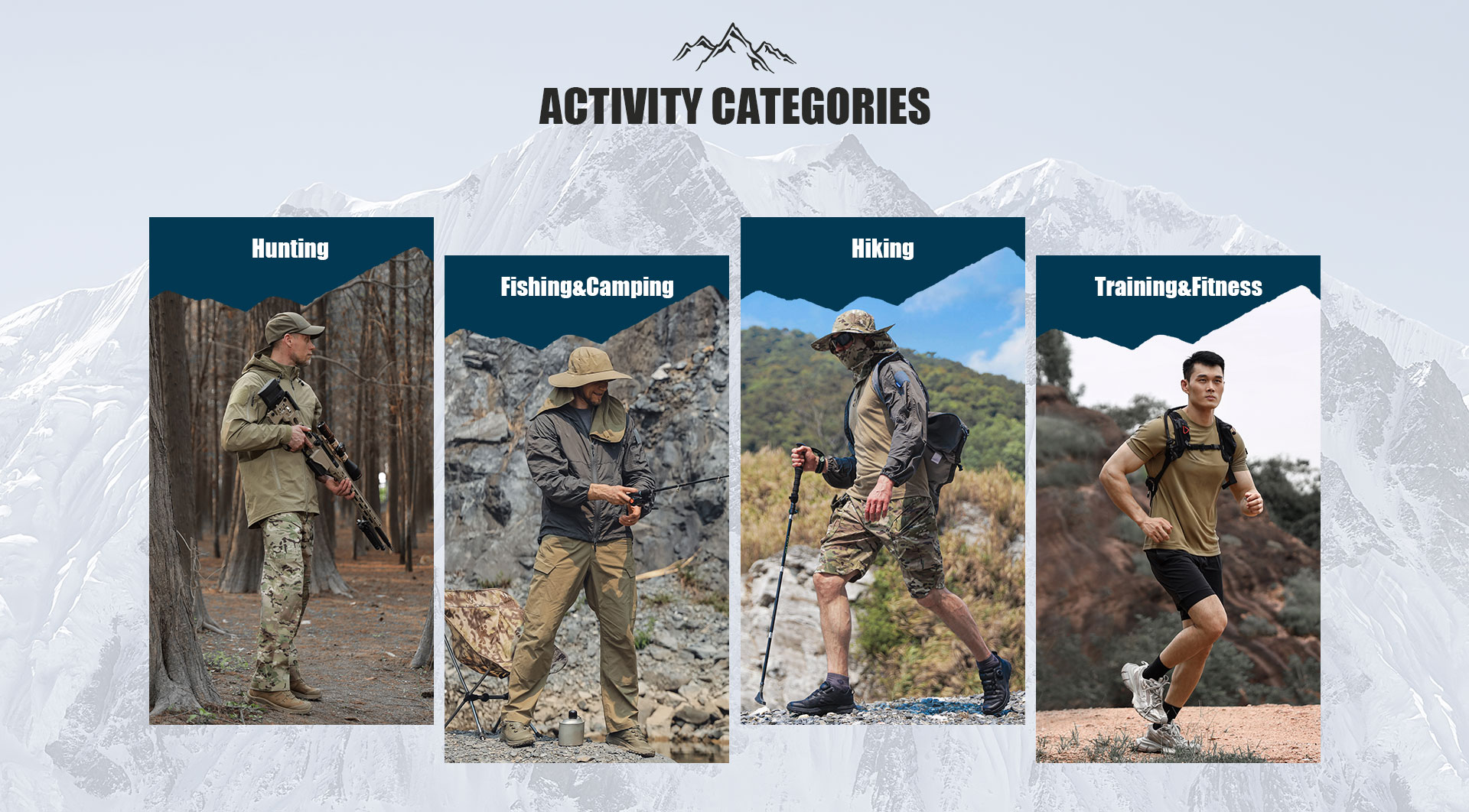 Four application scenarios: hunting, fishing and camping, hiking, and training and fitness